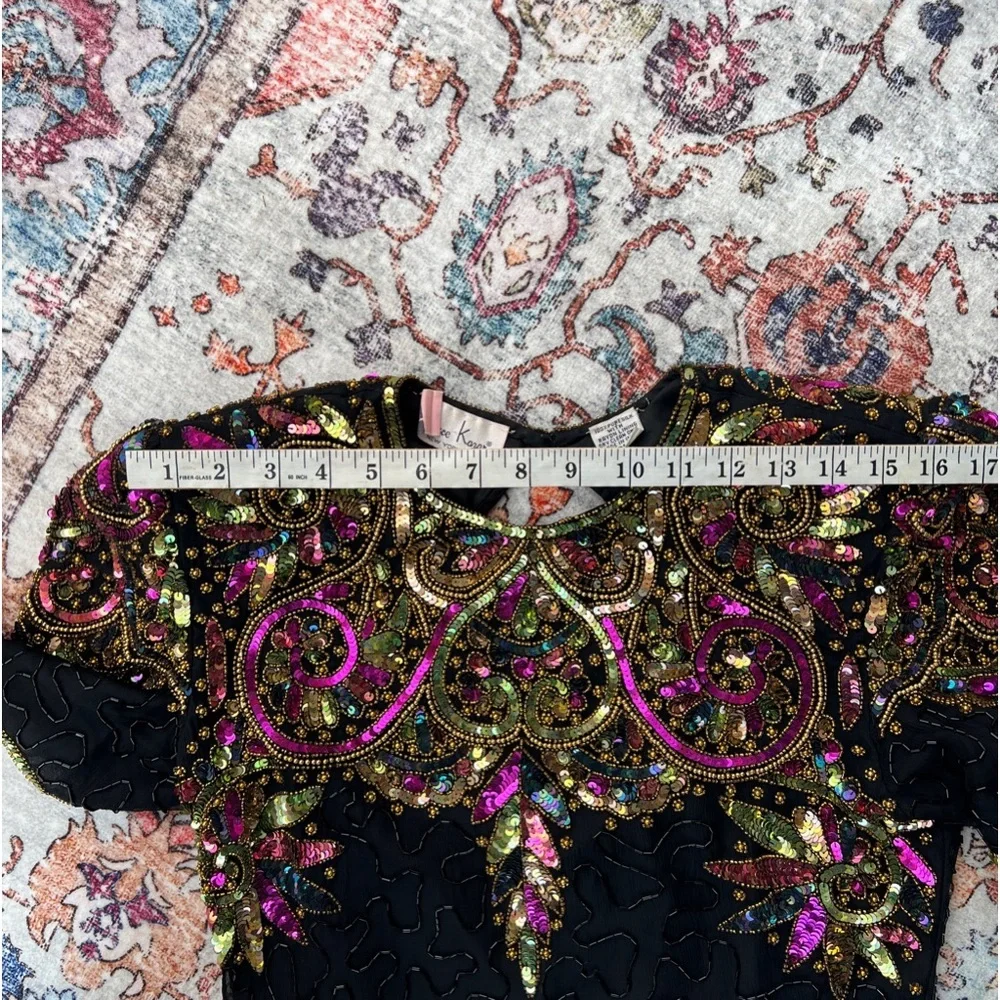 Vintage 80s Lawrence Kazar Embellished multicolor Sequin Cocktail Dress size PL - Picture 15 of 17